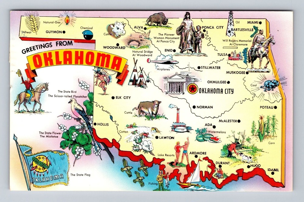 OK-Oklahoma, General Greetings Map Landmarks, Antique, Vintage c1959 Postcard