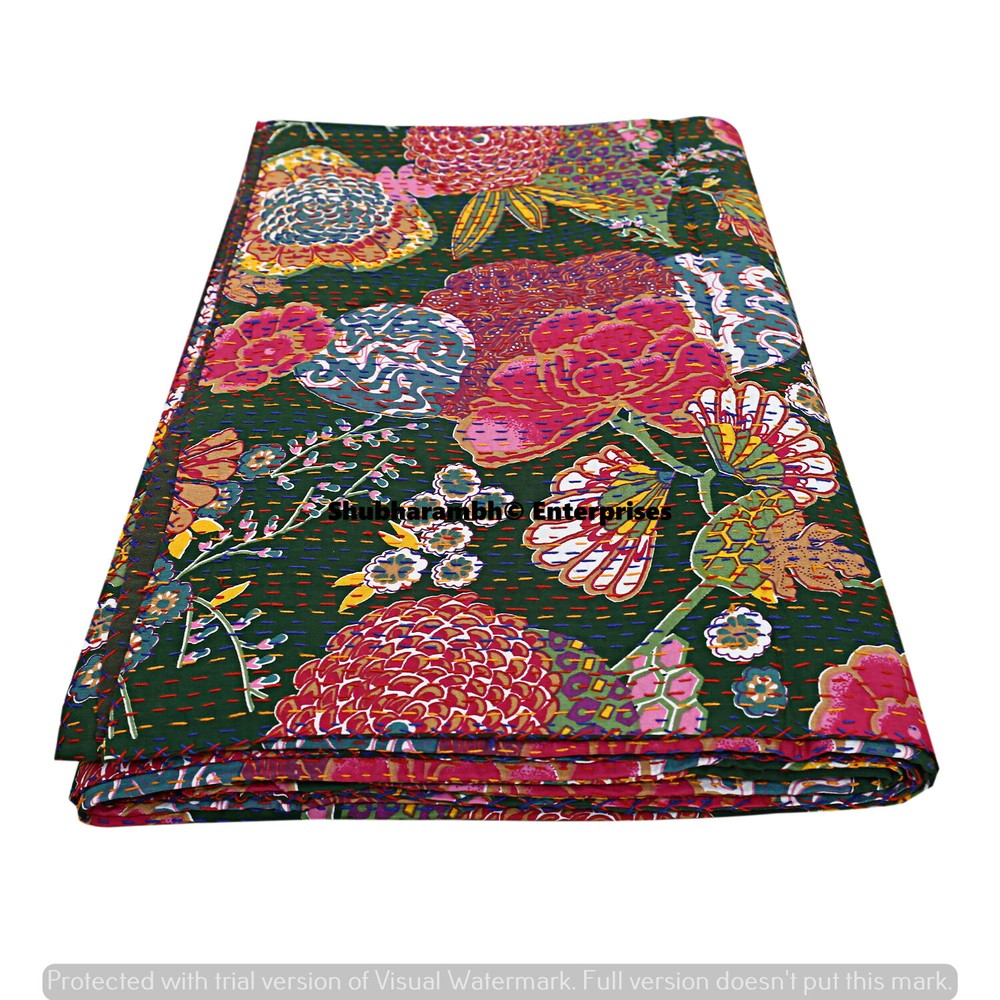 Hippie Reversible Cotton Blanket Indian Kantha Quilt Reversible Green Floral