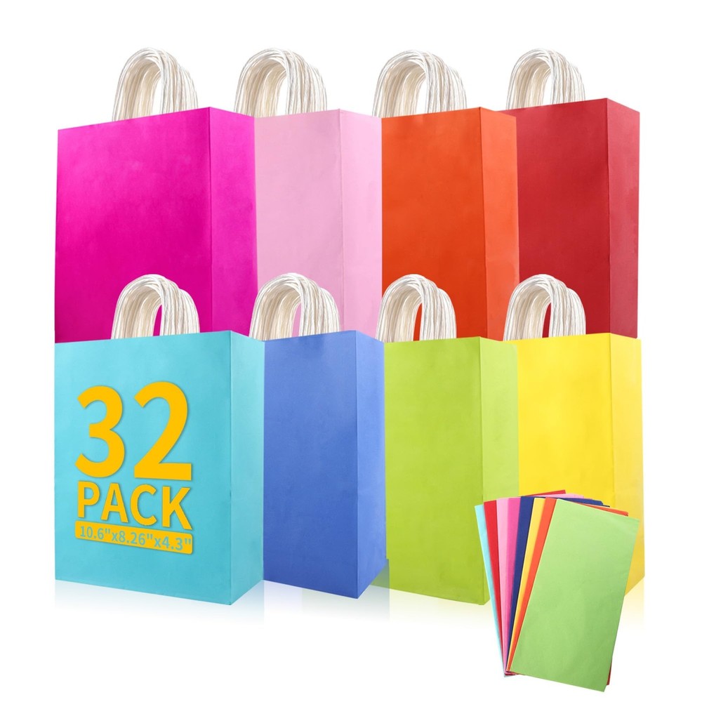 32Pcs Paper Gift Bags 8 Color with Colorful Tissues, 10.6