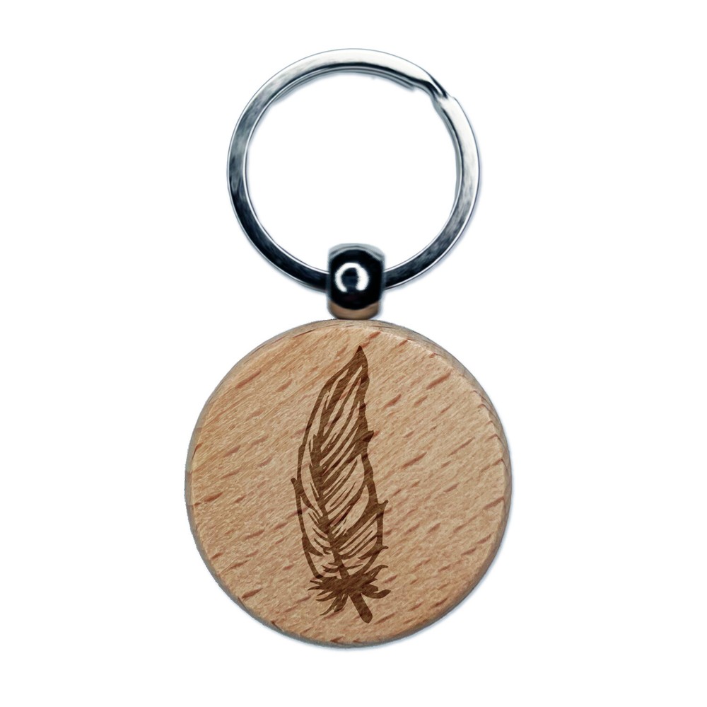Hand Drawn Feather Doodle Engraved Wooden Keychain Charm Tag  