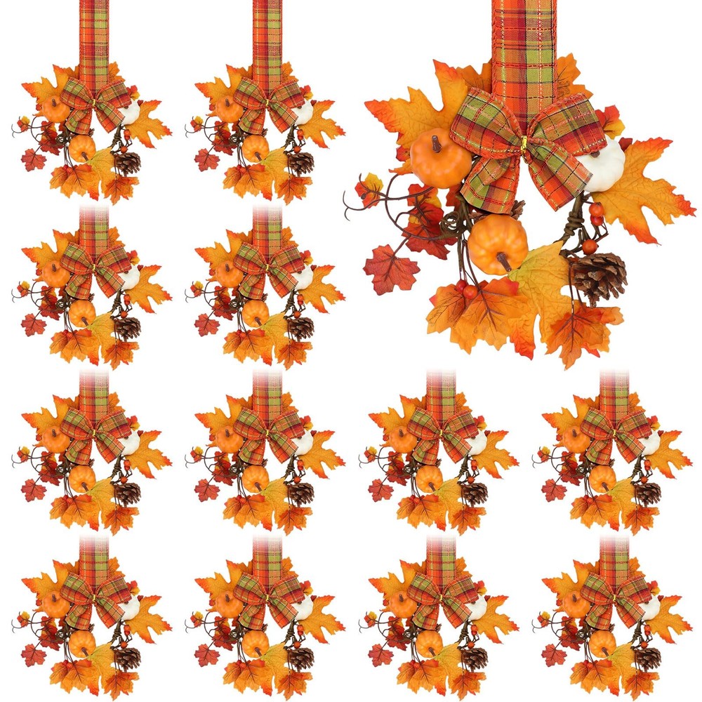 12 Pcs 10 Inch Fall Kitchen Wreaths with Ribbon for Thanksgiving Decor