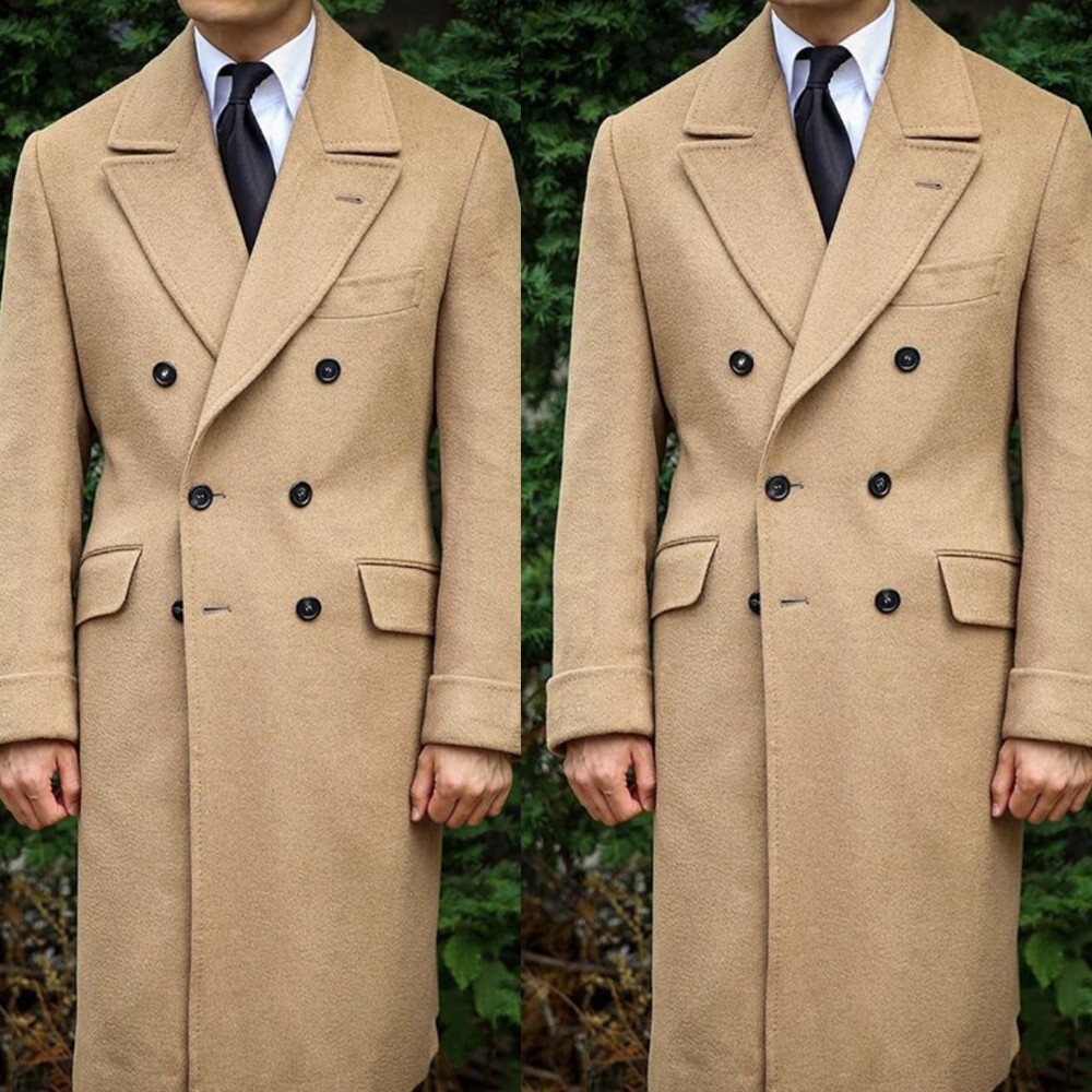 Cashmere Brown Men Overcoat Peak Lapel Double Breasted Outdoor Warm Long Jackets