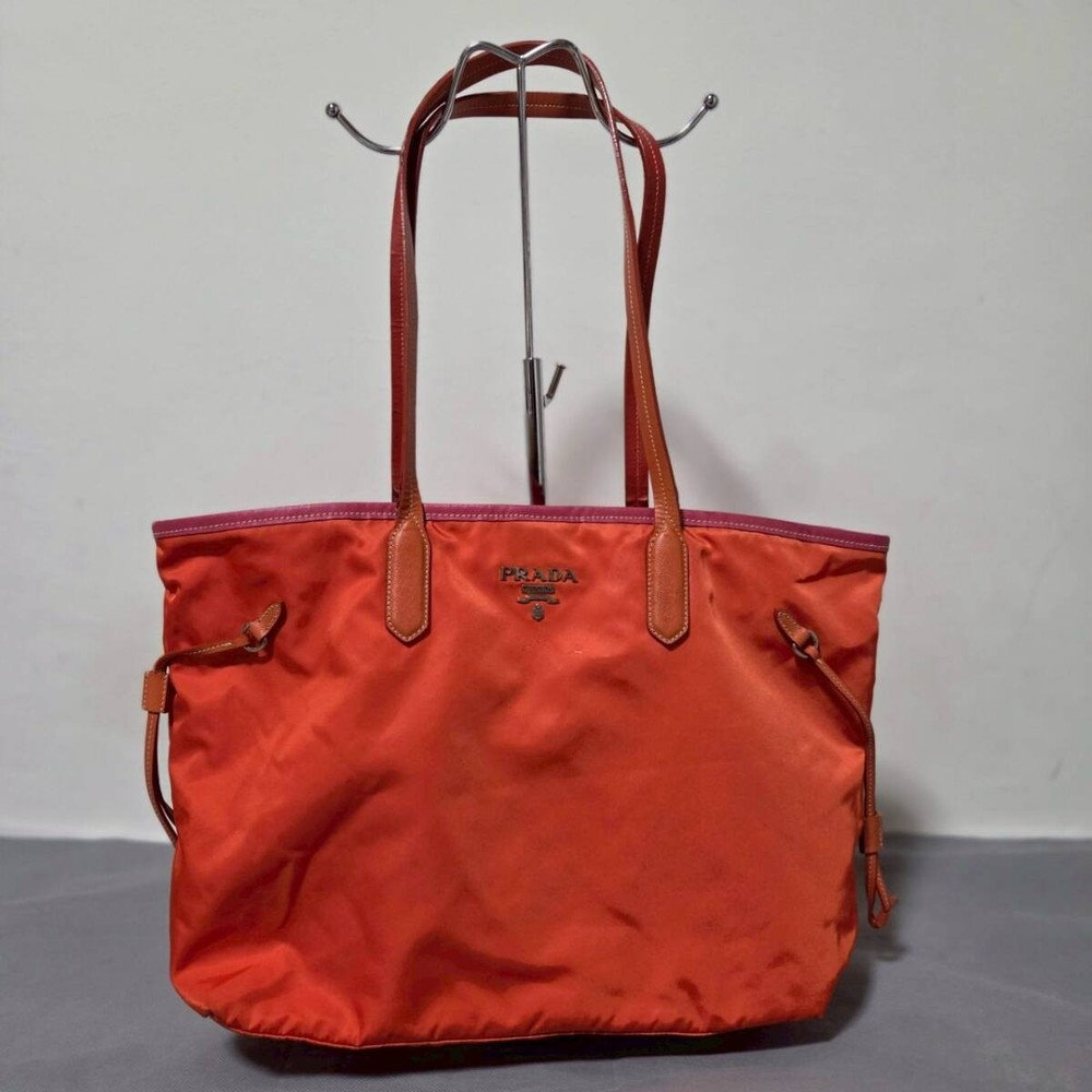 RARE PRADA Nylon Tote & Shoulder Bag in Orange Pink Authentic Preowned
