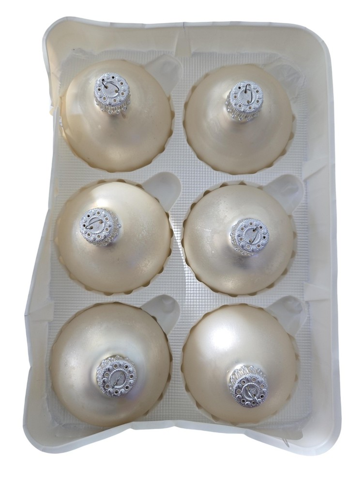 Christmas by Krebs Glass Ornaments Set of 6 Pearl Ivory Satin Round Made in USA