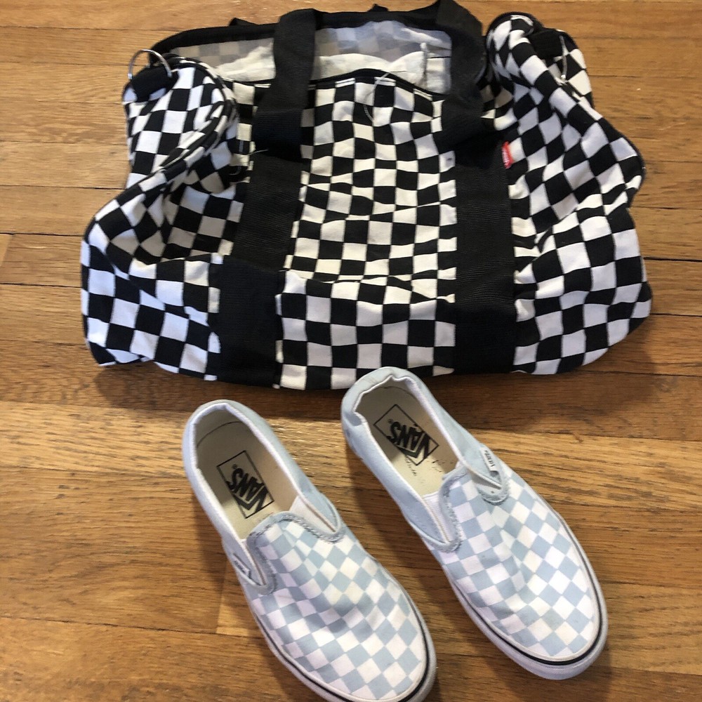 Vans Classic Slip On Grey White Checkerboard Sneaker Mens 6 & Checkerboard Tote