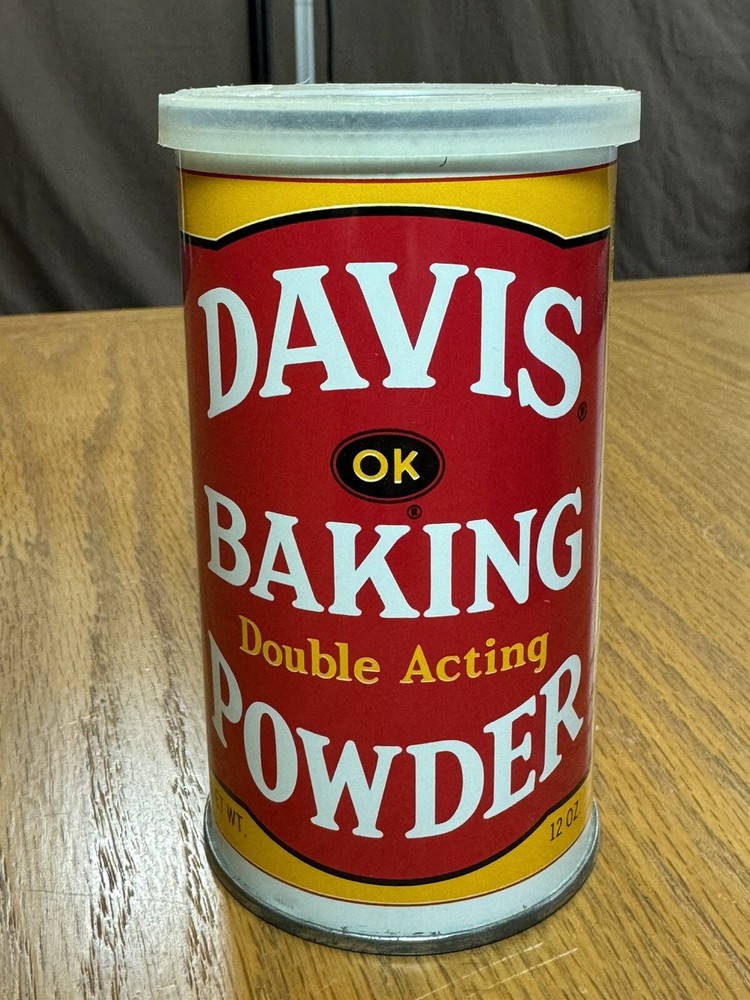 Vintage Davis Baking Powder OK Double Acting 12 Ounce Tin Can USA Lid 70s-80s