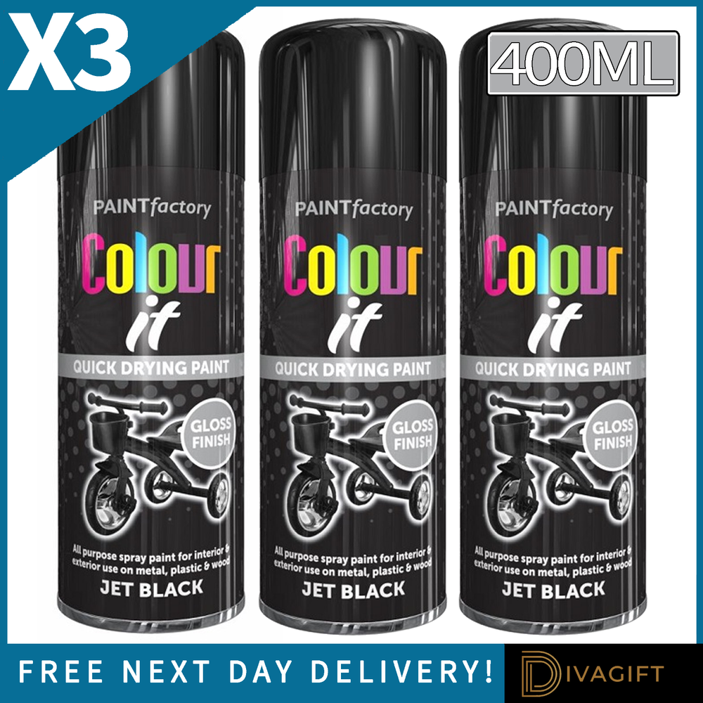 3 x JET BLACK GLOSS FINISH SPRAY PAINT 400ML AEROSOL FOR METAL PLASTIC WOOD NEW
