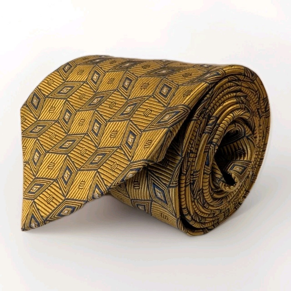 Jos A Bank Silk Tie Gold Blue Geometric Diamond Pattern Classic Necktie 3.75x58
