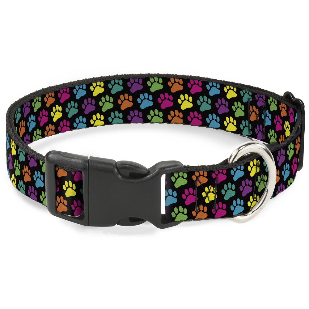 Plastic Clip Collar Paw Print Black/Multi Color NARROW-Large 9.5-14.5