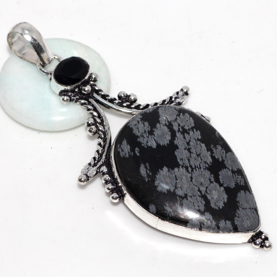 Snowflake Obsidian Black Onyx 925 Silver Plated Gemstone Pendant 3 Inch JW