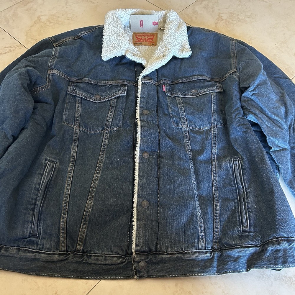 Levi's Trucker Denim Jacket Mens 5XL Dark Blue Sherpa Lined Front Big Tall Shack