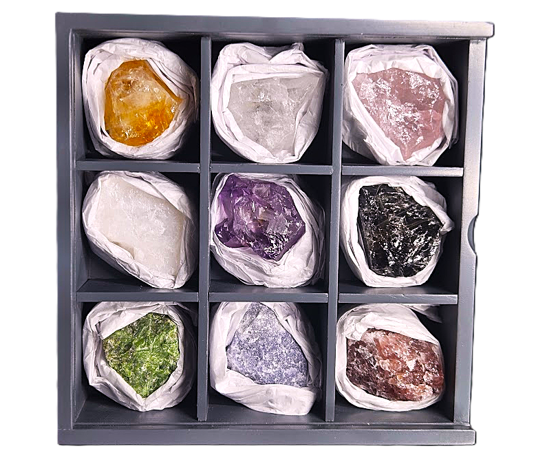 Set of Nine Crystals and Healing Stones Decorative Display Showcase