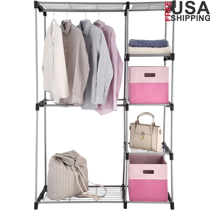 2-Tier Wire Shelf Closet Organizer with Hanging Rods Easy Assembly Storage