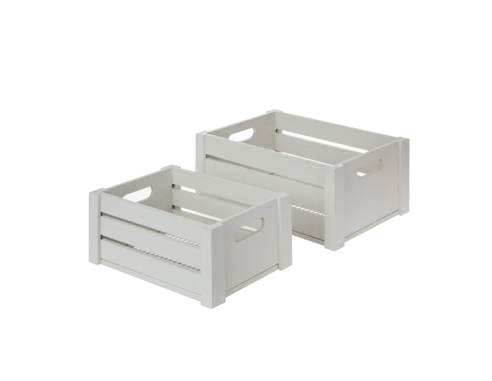 Set of 2 storage baskets made of wood and grey wire with handles.