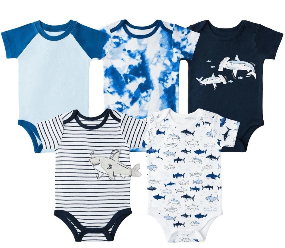 Members Mark Baby Boy 5-Pack Cotton Snap Bodysuits Shark Sizes NB to 24M Shark-image