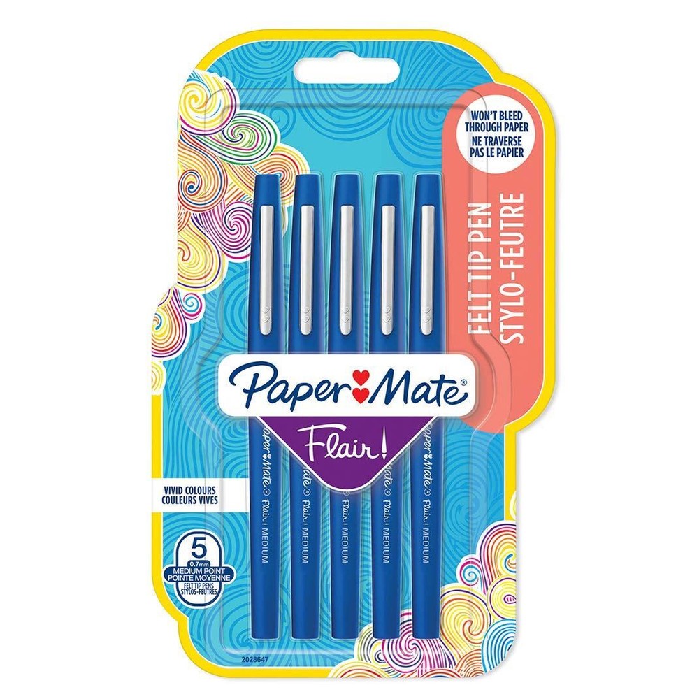 Paper Mate Flair Felt Tip Pens | Medium Point (0.7mm) | Blue | 5 Count