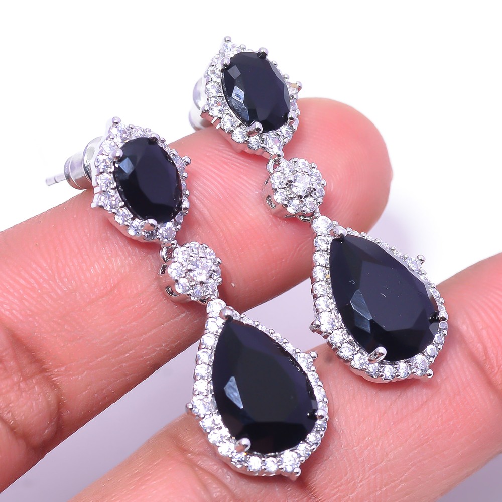 Black Onyx & Cubic Zirconia Gemstone 925 Sterling Silver Earring 1.37