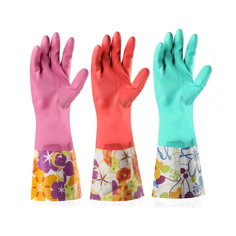 Dishwashing Rubber Gloves 3 Pairs Nonslip Household Laundry Kitchen Cleaning Glo