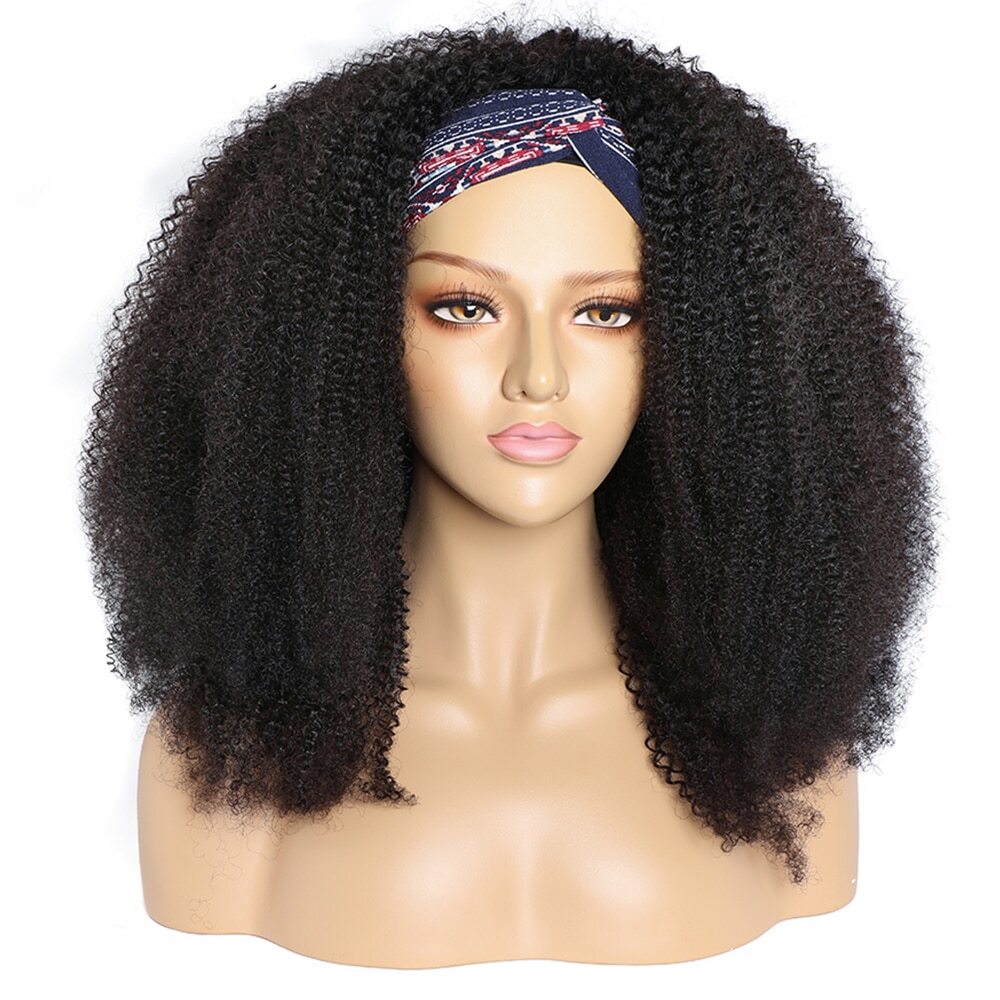 Kinky Curly Headband Bob Human Hair Wig with Full Headband Scarf