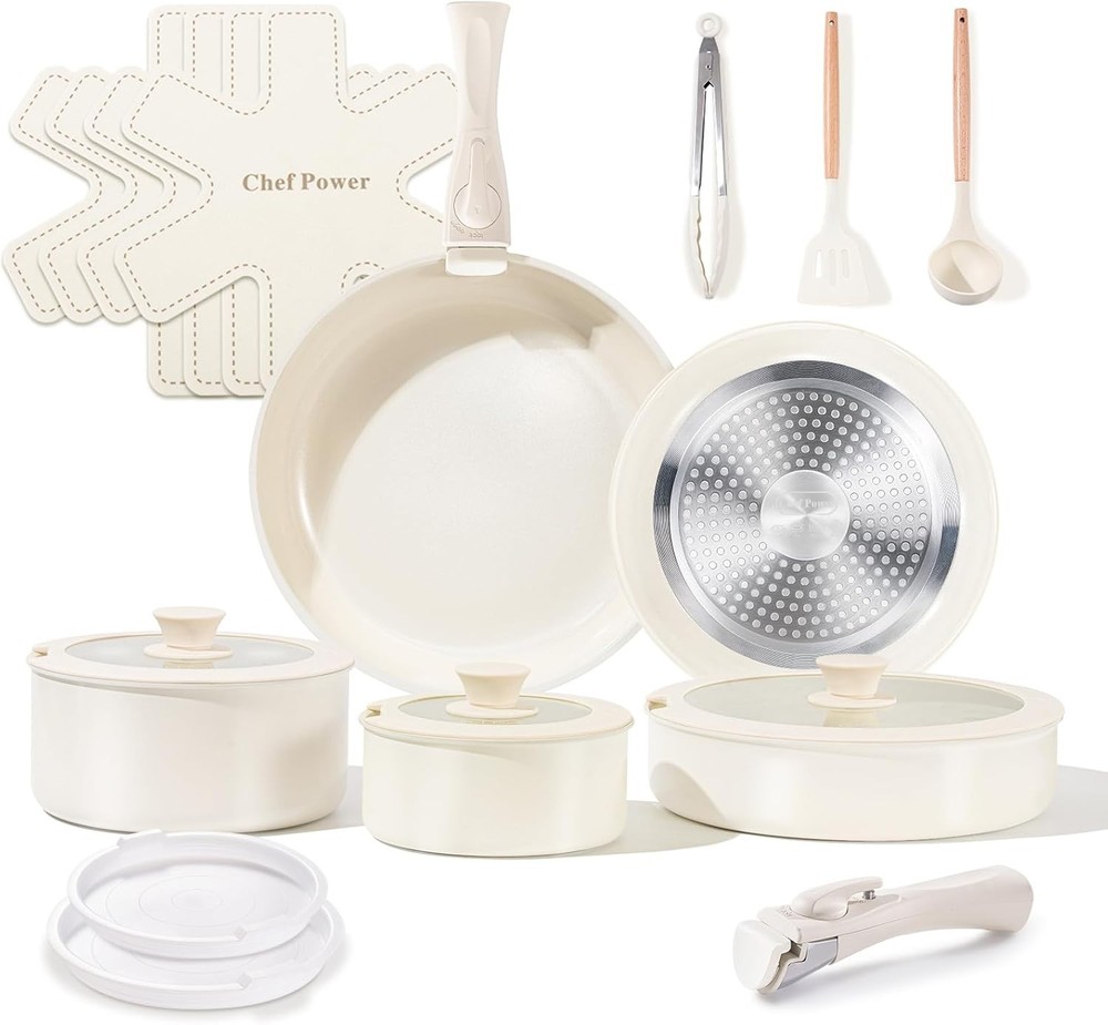 Chef Power 19-Piece Non-Toxic Ceramic Cookware Set in Cream White