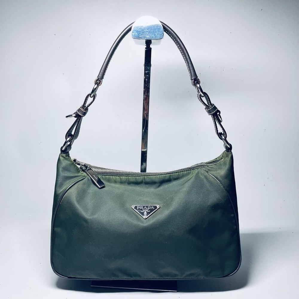 Vintage Prada Khaki Leather Shoulder Bag from Japan