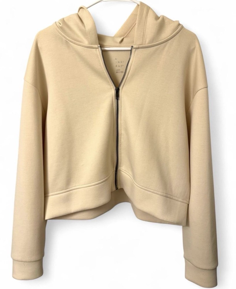 A New Day Cream Cropped Zip Hoodie Minimalist Neutral Sweatshirt Size L