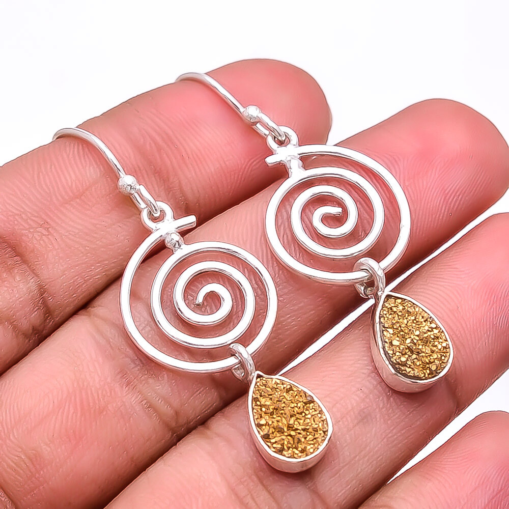 Gold Titanium Agate Drusy Designer Handmade 925 Sterling Silver Earring 1.87