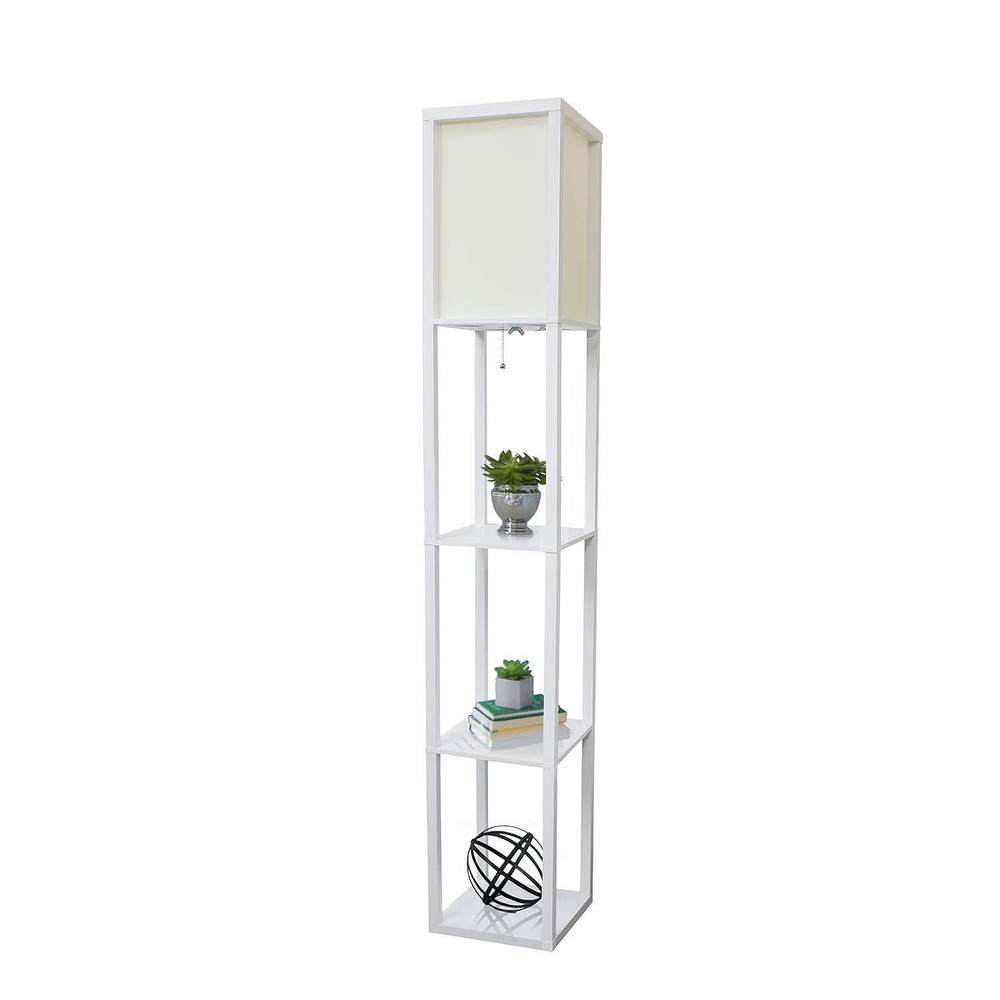 LF1014-WHT Etagere Organizer Storage Shelf Linen Shade Floor Lamp, White