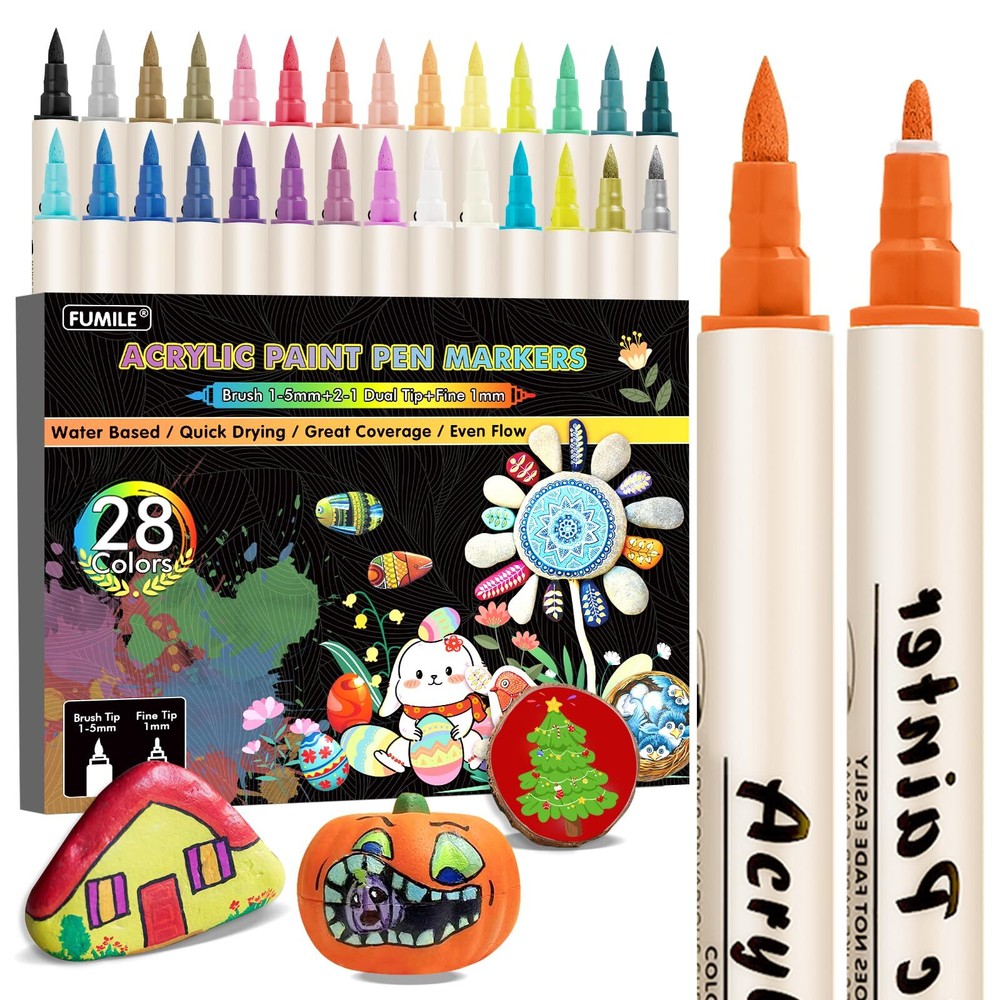 FUMILE 28 Colors Dual Tip Acrylic Paint Markers, Paint Pens Paint Markers Fin...