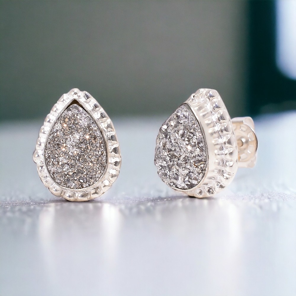 925 Silver Natural Titanium Druzy Dainty Stud Earrings Perfect Wedding Gift For Her