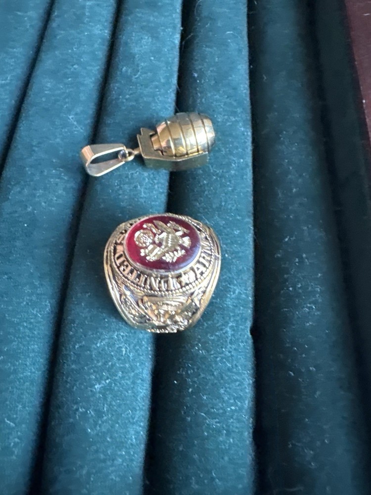 Vintage Gold Tone US Army Ring and Grenade Pendant Military Set