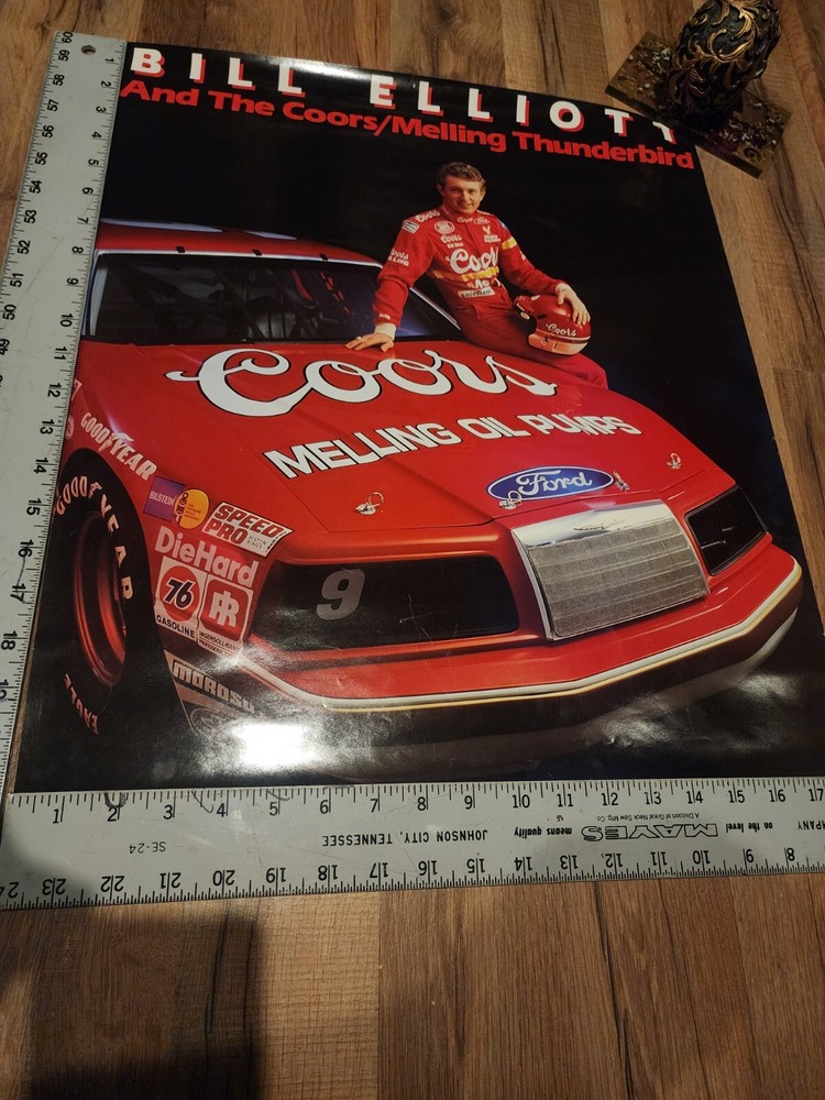 Vintage 1986 Bill Elliott Coors NASCAR Ford Thunderbird Racing Poster