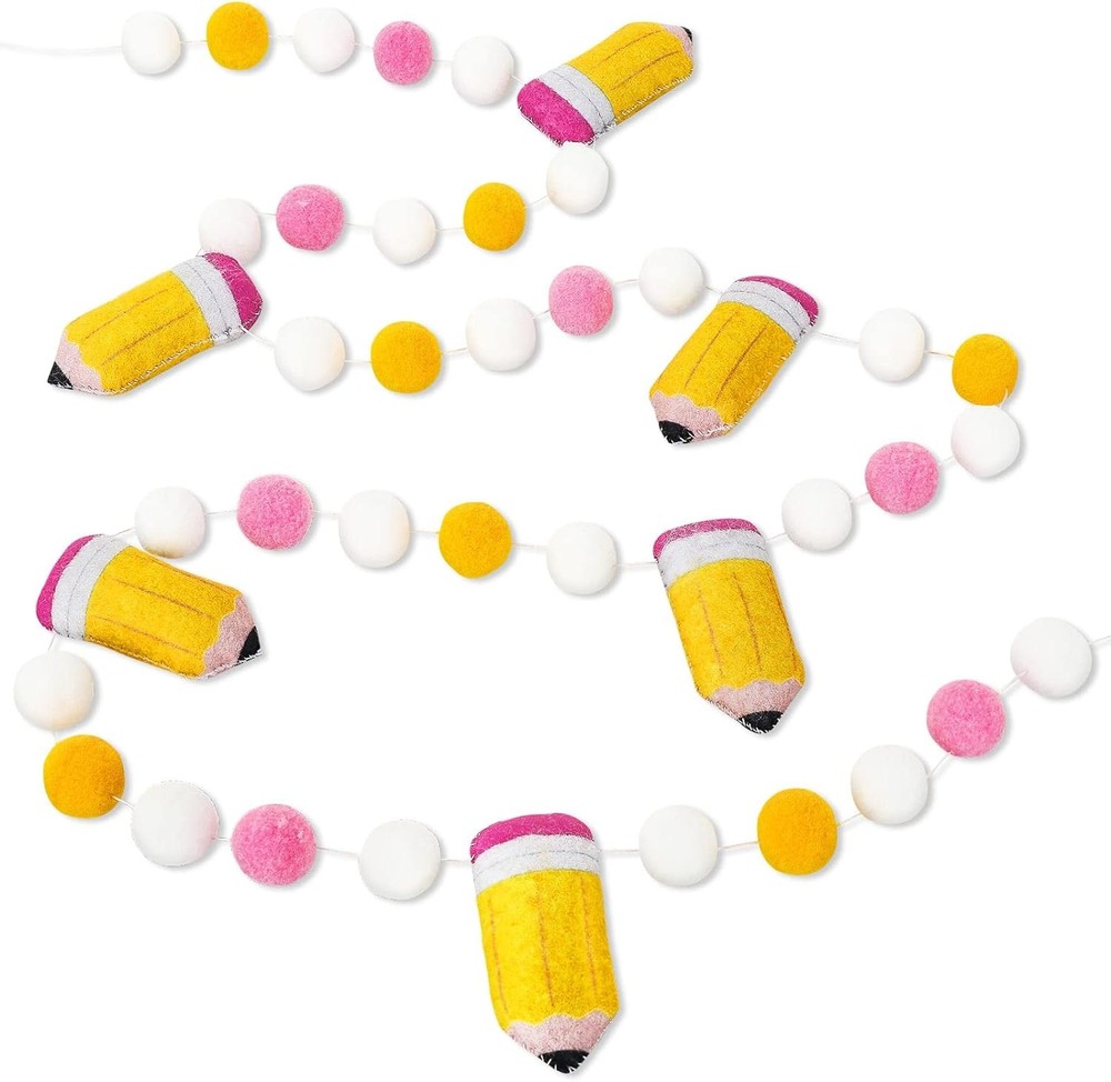 Whaline Back to School Felt Pom Banner, 8.2 Ft Pencils Felt Ball Garland Cute Cl