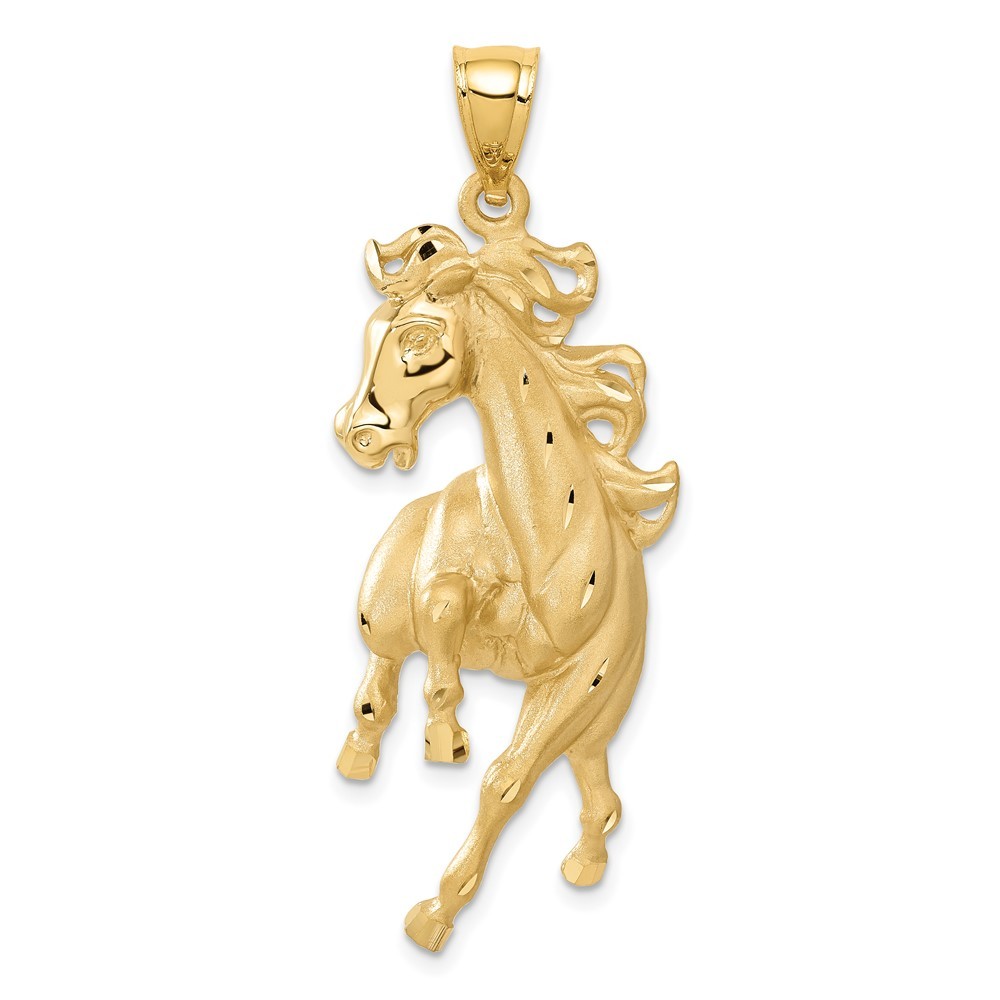 14K Yellow Gold Large Satin Diamond-cut Horse Pendant L-49.5 mm, W-21 mm 6.97gm