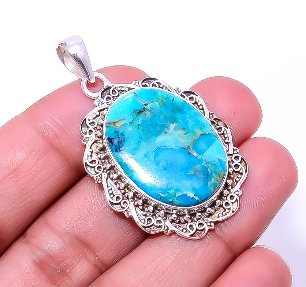 Copper Blue Turquoise Fine Art 925 Sterling Silver Pendant 1.76