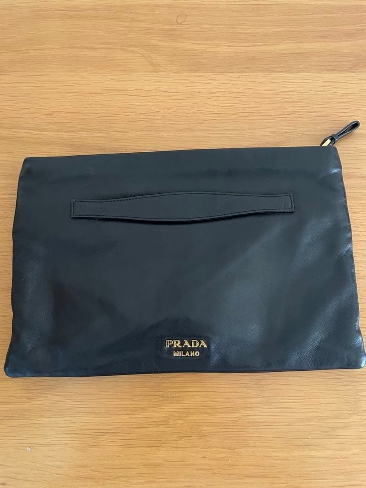 PRADA Leather Clutch Bag Black From Japan