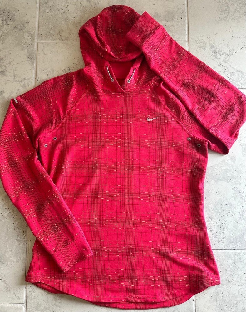 Nike Women Dri-Fit Red Print Soft Hand Hoodie Running Training Long Sleeve Top M