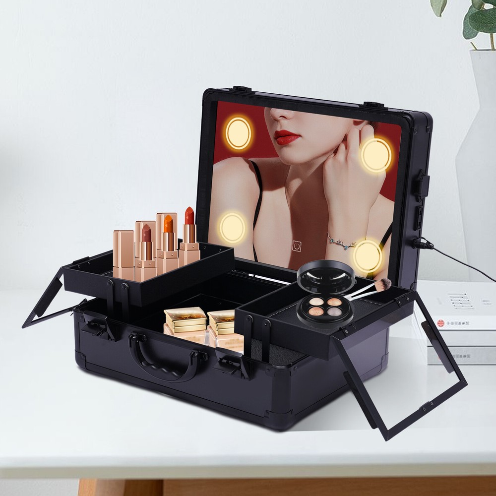 Professional Travel Makeup Train Case Portable Cosmetic Organizer Bag+LED Light