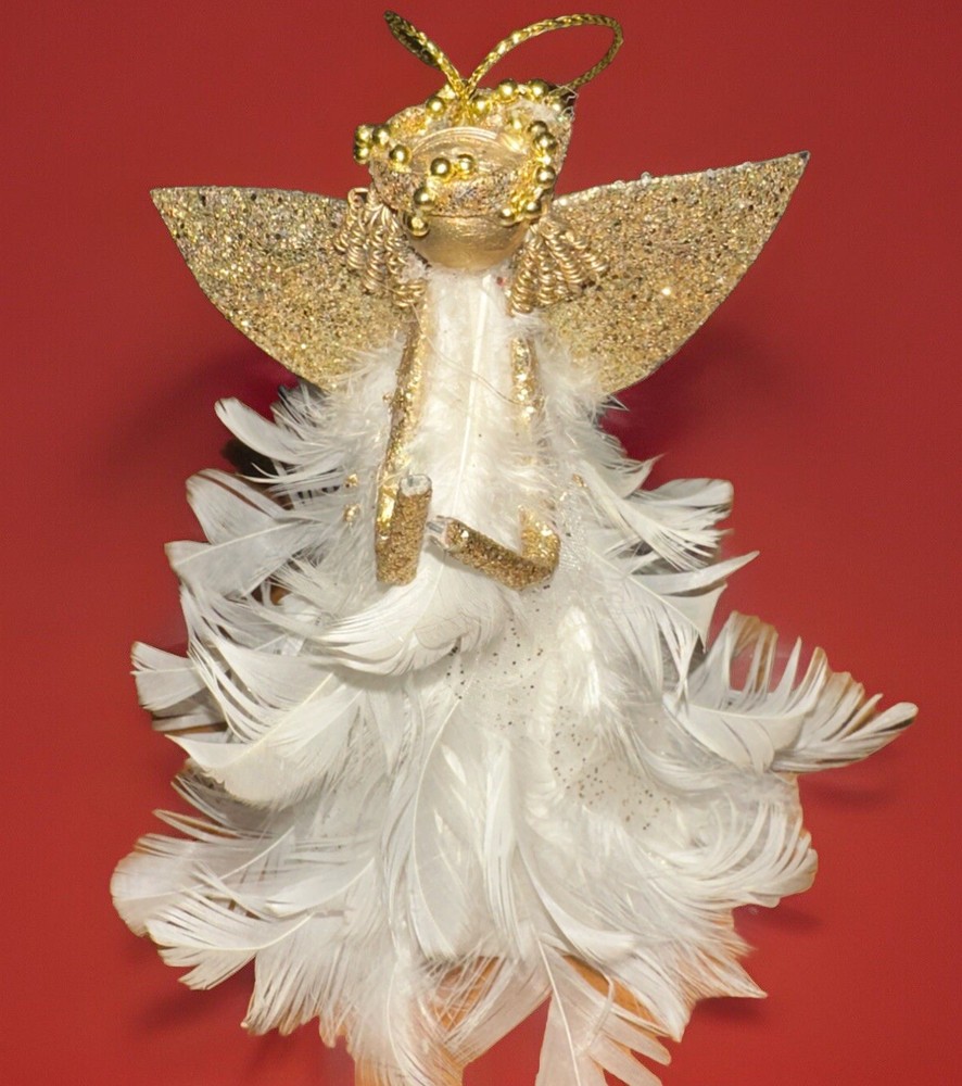 Handmade Feathered Capiz Cone Shell Golden Tin Angels Pearl Hanging Ornament