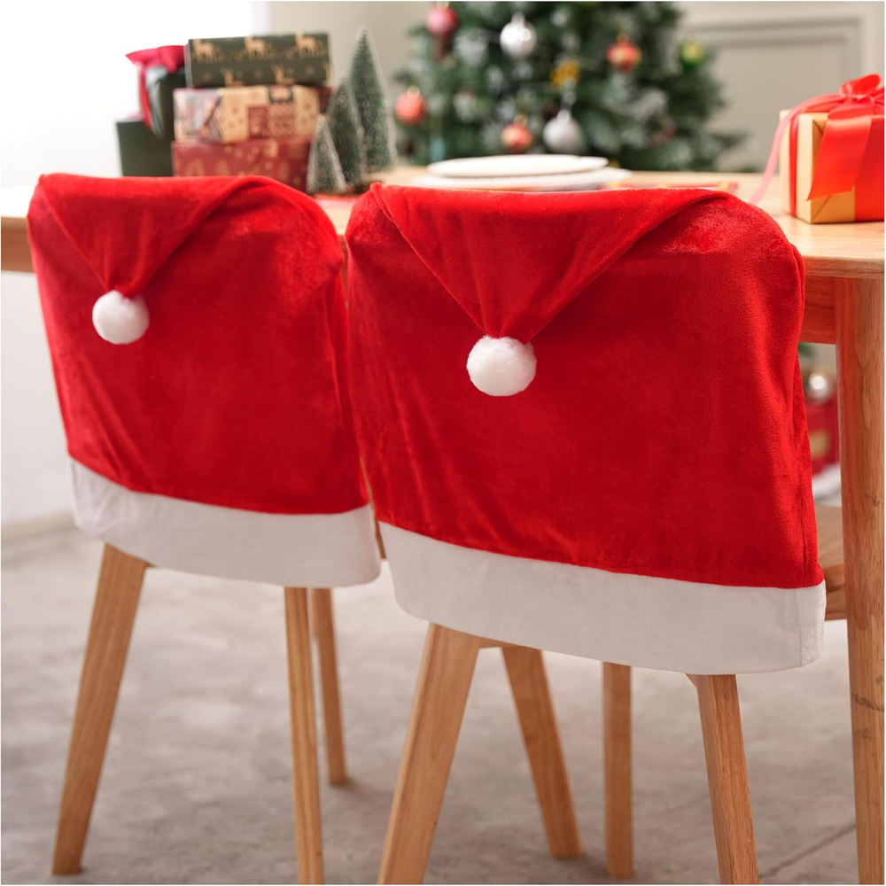 4 Pcs Christmas Chair Cover, Red Santa Hat Chair Slipcovers for Christmas Holida