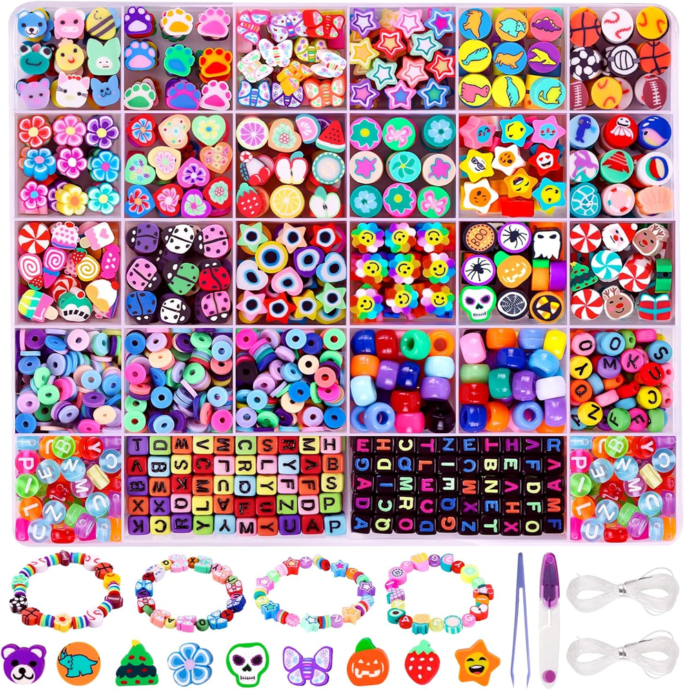960Pcs Polymer Clay Beads Kit with 24 Cute Flower Charms for DIY Bracelets