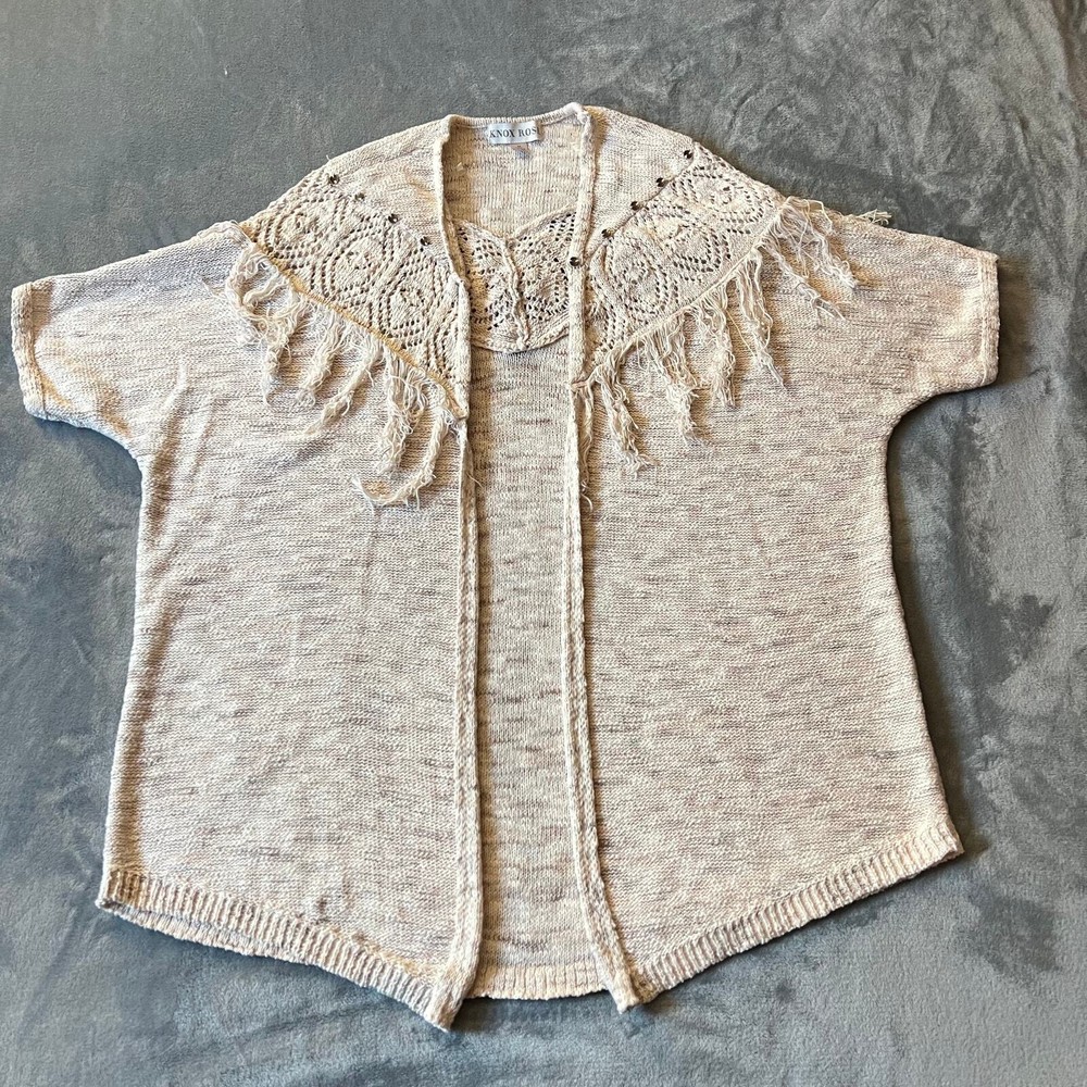 Knox Rose Short Sleeve Open Front Pointelle Knit Fringe Cardigan Size M Boho