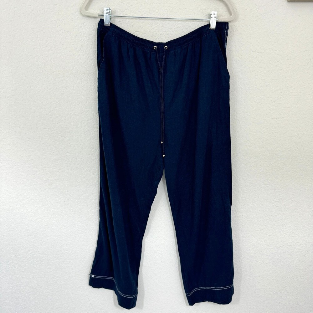 St. John Sport Women's Linen Rayon Pants Size L Stretch Waist Crop Casual Blue