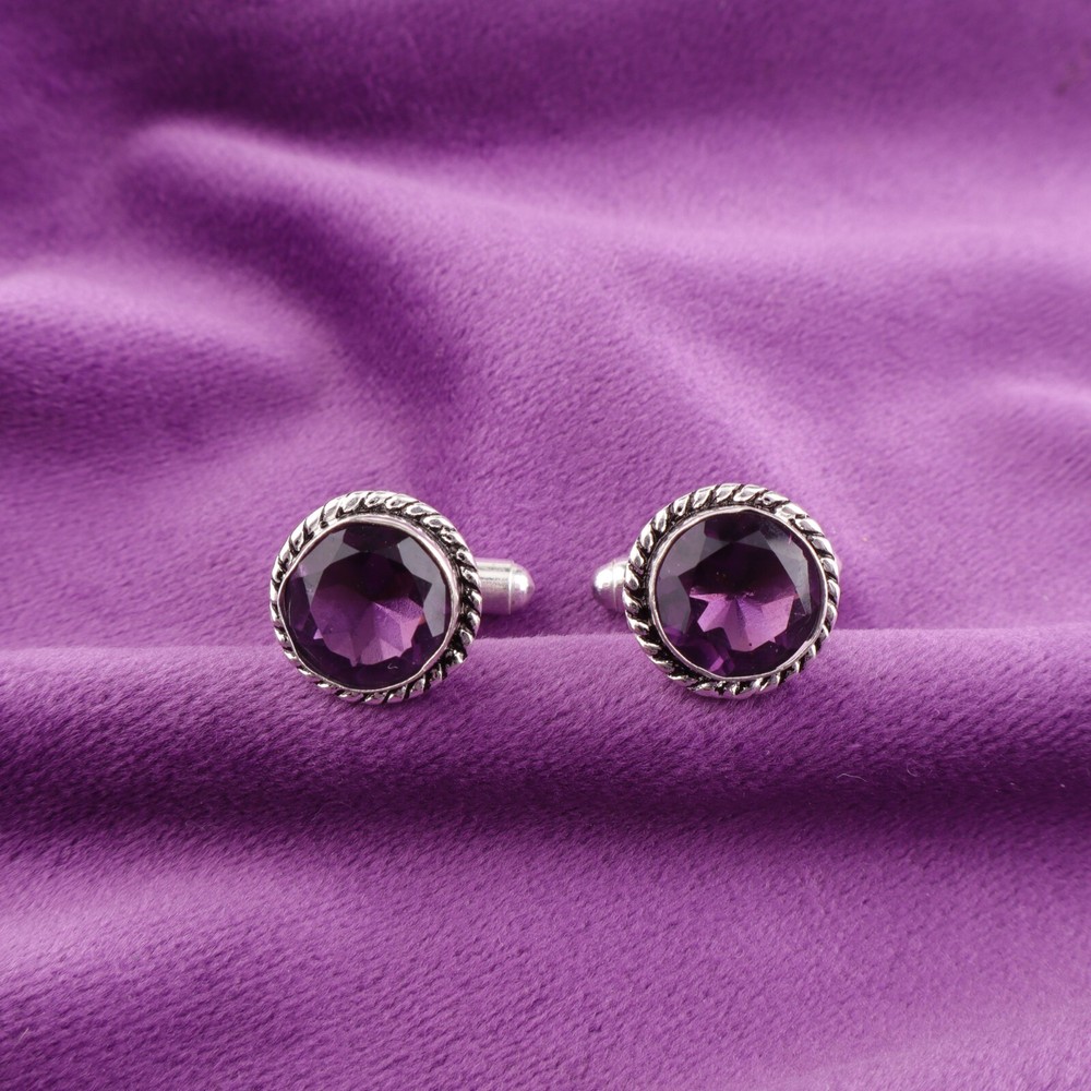 February Birth Amethyst Stone Purple Wedding Cufflinks Jewelry Sterling Silver