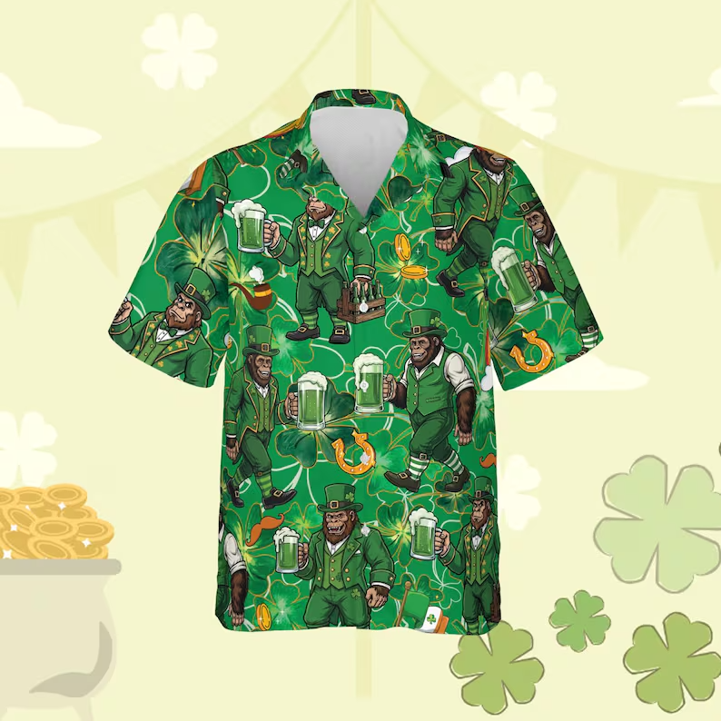 Bigfoot Leprechaun St Patricks Day Hawaiian Shirt Funny Sasquatch Irish Aloha Gi