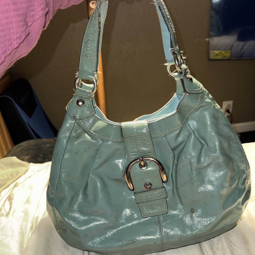 COACH F16603 MEDIUM VINTAGE LYNN SOHO LIGHT BLUE PATENT LEATHER HOBO