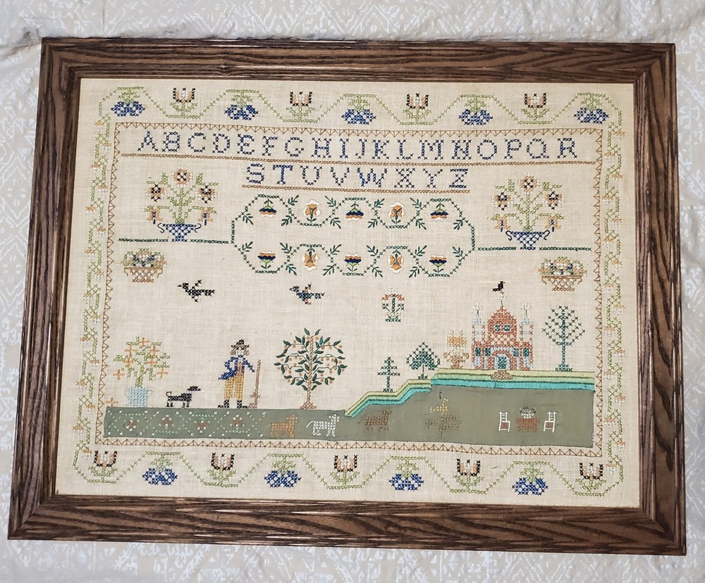 Large Vintage Framed Cross Stitch Sampler ABC Alphabet Farmhouse Folk Art