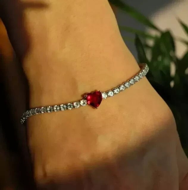 8Ct Lab-Created Heart Ruby Tennis Bracelet in 14K White Gold 7 Inch
