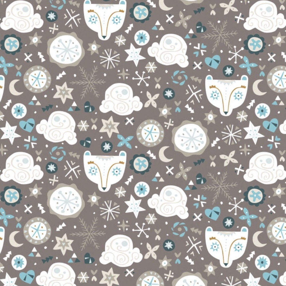 Snowfall Polar Bear Faces Taupe 100% Cotton Fabric by The Yard
