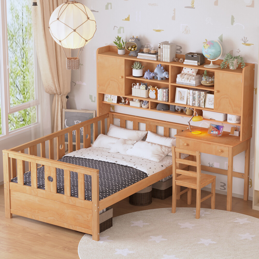 Twin Wood Platform Bed with Built-In Bookshelf, Desk & Chair in Natural Finish